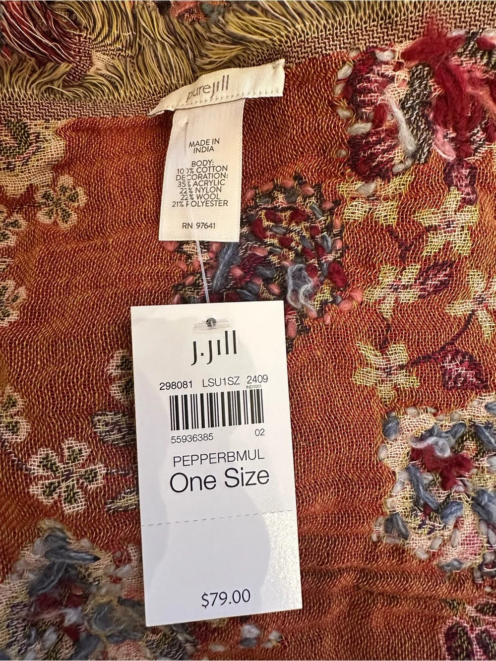J. Jill Floral Fringe Scarf in multi colored Embroidered 100% woven cotton NWT